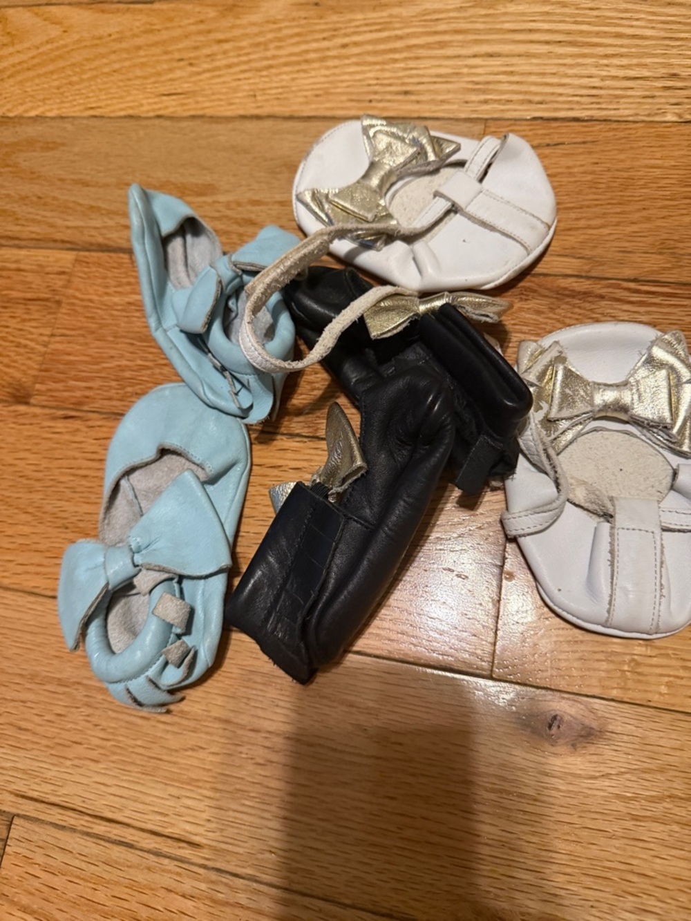 Itty Bitty Toes Leather Baby Flats in Blue, Black, White with Gold Bows